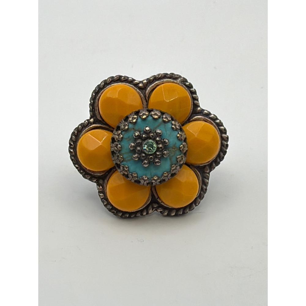 Ollipop USA Vintage Style Orange Flower Turquoise Center Adjustable Ring Size 8